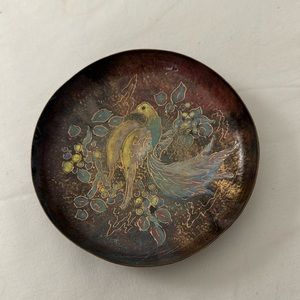 Vintage Enamel on Copper Trinket Dish, Ring -change Dish Bird & Floral Design